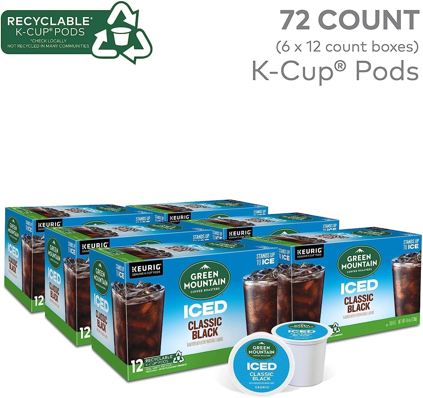Keurig K-Iced Coffee Maker, Single Serve K-Cup Pod Iced Coffee Maker and Green Mountain Coffee Roasters Brew Over Ice Classic Black, Single Serve Keurig K-Cup Pods, 72 count
