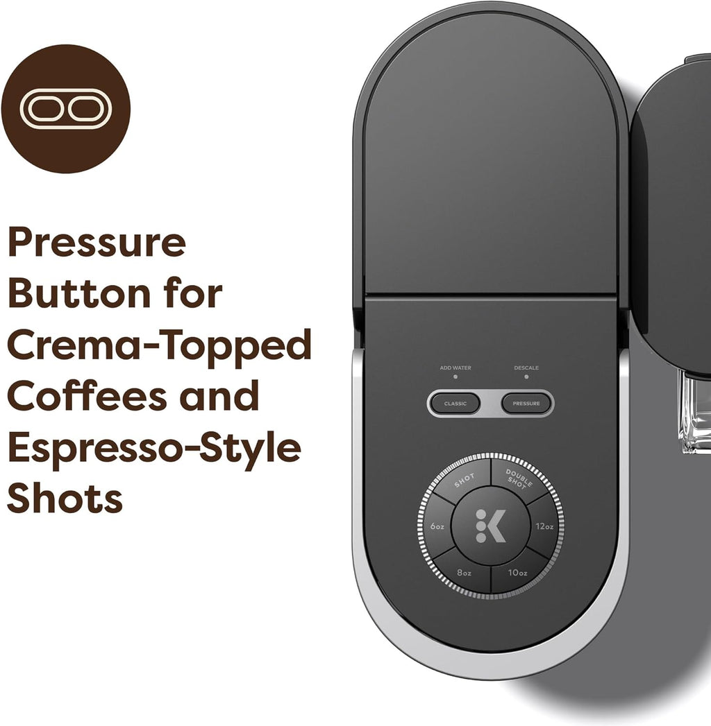 Keurig K-Crema Single Serve K-Cup Pod Coffee Maker, PressureInfusion & MultiStream Technology, Brews Crema-Topped Coffee, Espresso-Style Shots, Classic Coffee, Tea, Cocoa, 72 oz Removable Reservoir