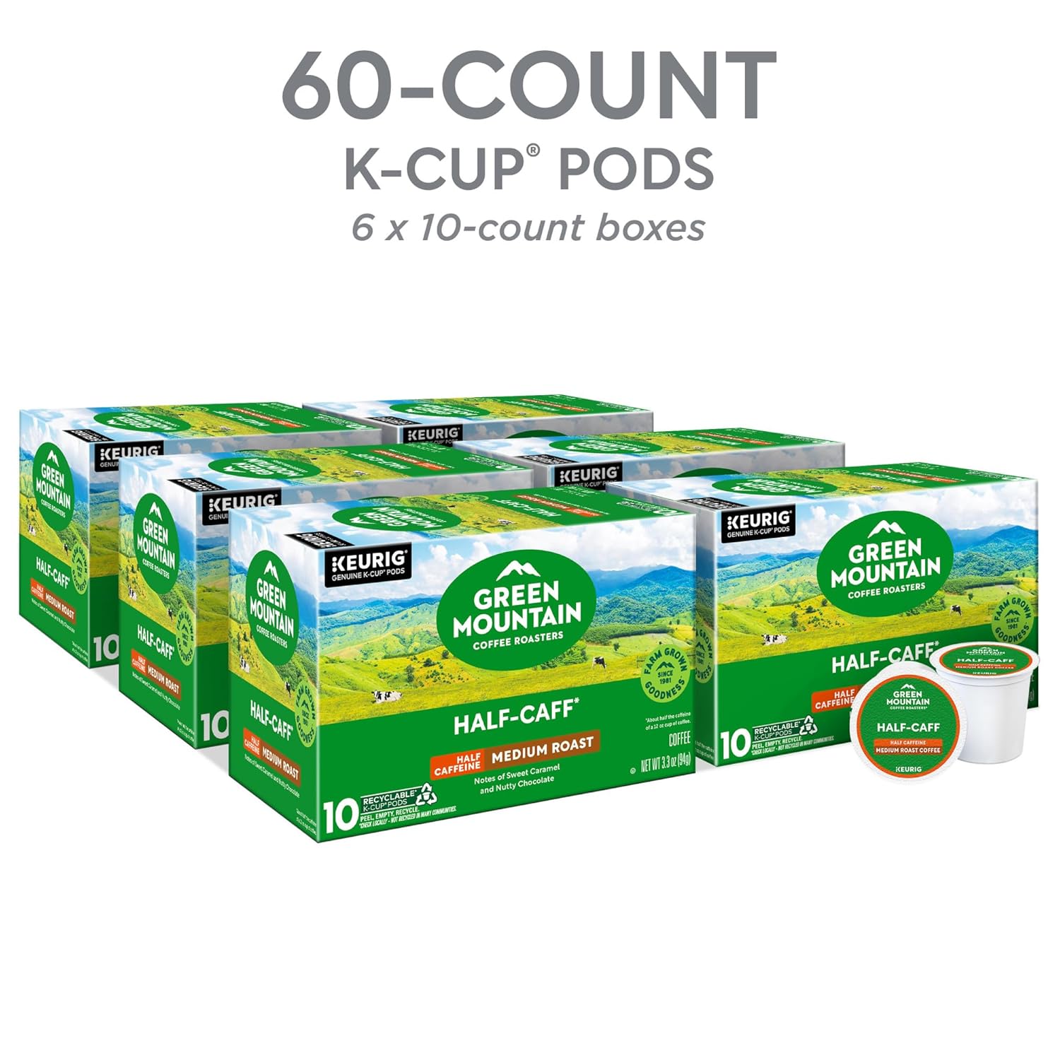 Green Mountain Coffee Roasters Half Caff, Keurig Single Serve K-Cup Pods, Medium Roast Coffee, 60 Count, (6 Packs of 10)